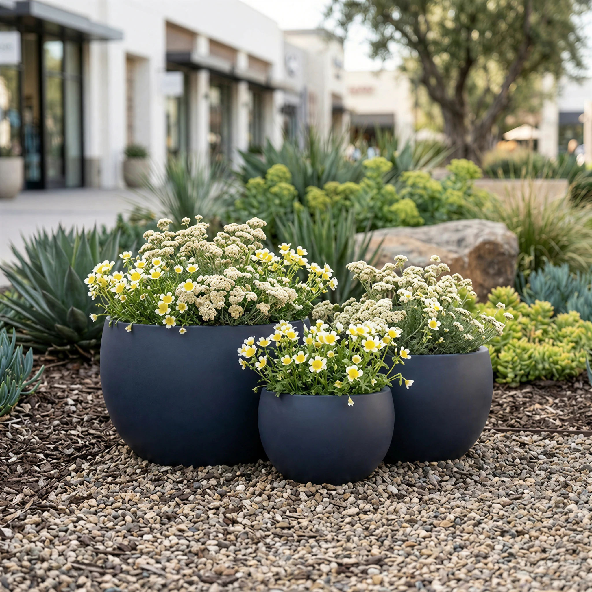 RC-1002 dark round GFRC bowl planters with flowering plants in a commercial landscape